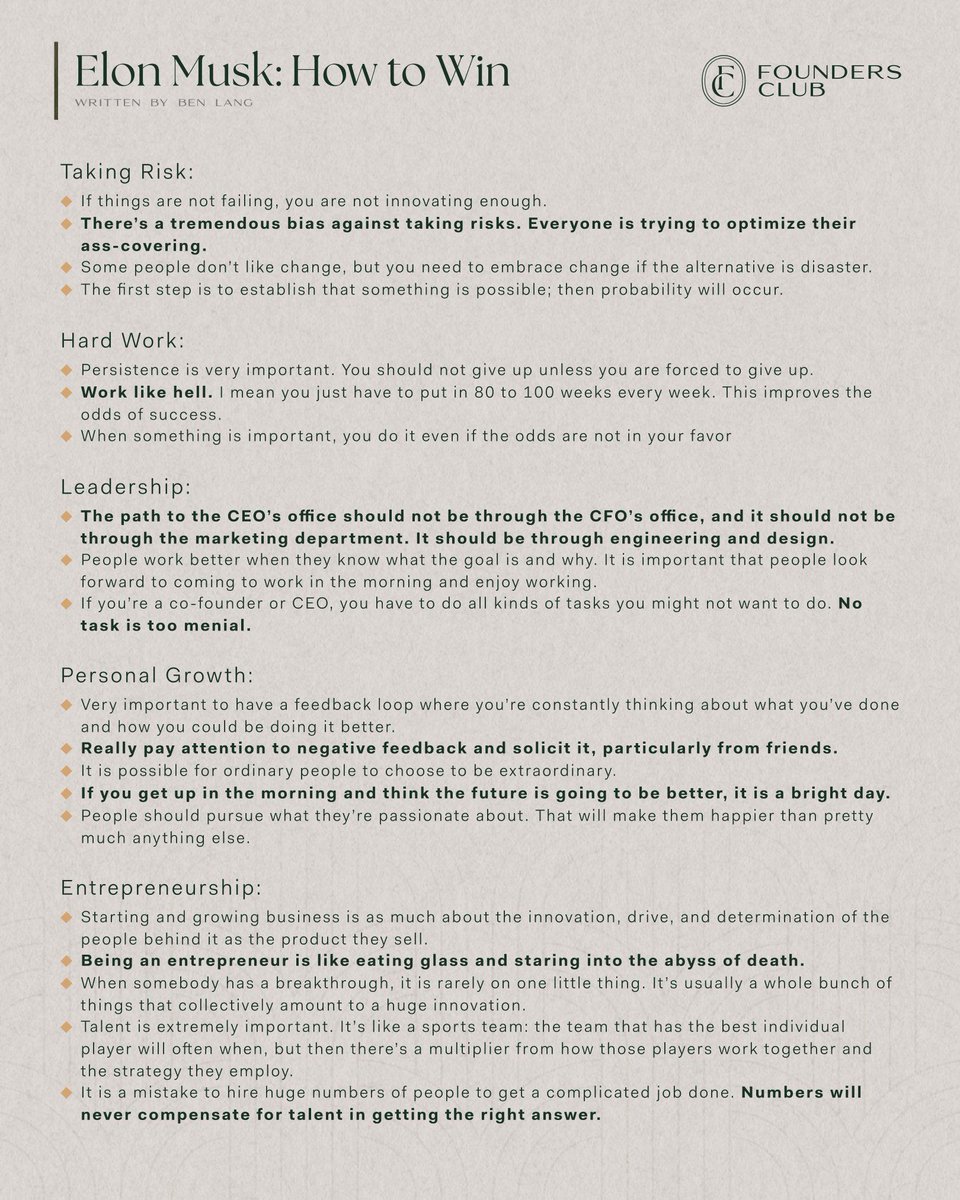 FoundersClubUS's tweet image. Elon Musk: How to Win