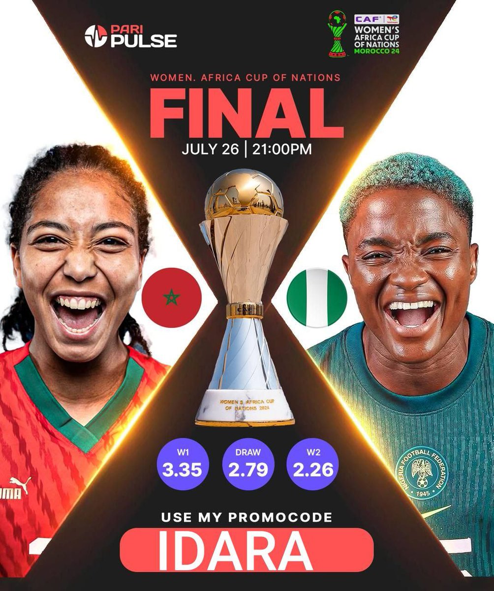 UnscriptedIdara's tweet image. You don't wanna miss WOMEN Africa cup of Nations final. 🏆
Who do you think is going to win?
All games on PARIPULSE.
Sign up and get 300% welcome bonus on your first deposit when you use my promo code 'IDARA'.
Links: pari-pulse.com/Unidr
pari-pulse.com/Unidr-aff
