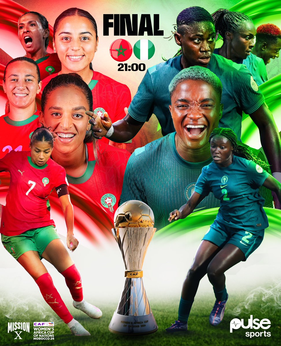 PulseSportsNG's tweet image. 𝐈𝐓’𝐒 𝐌𝐀𝐓𝐂𝐇𝐃𝐀𝐘!
🇲🇦 Morocco 🆚 Nigeria 🇳🇬
🔥 WAFCON 2025 Final
The Super Falcons are ready to chase their 10th WAFCON title against hosts Morocco!
𝐌𝐈𝐒𝐒𝐈𝐎𝐍 𝐗 𝐈𝐒 𝐏𝐎𝐒𝐒𝐈𝐁𝐋𝐄 💪
Let’s bring it home! 🦅🏆
#WAFCON2024