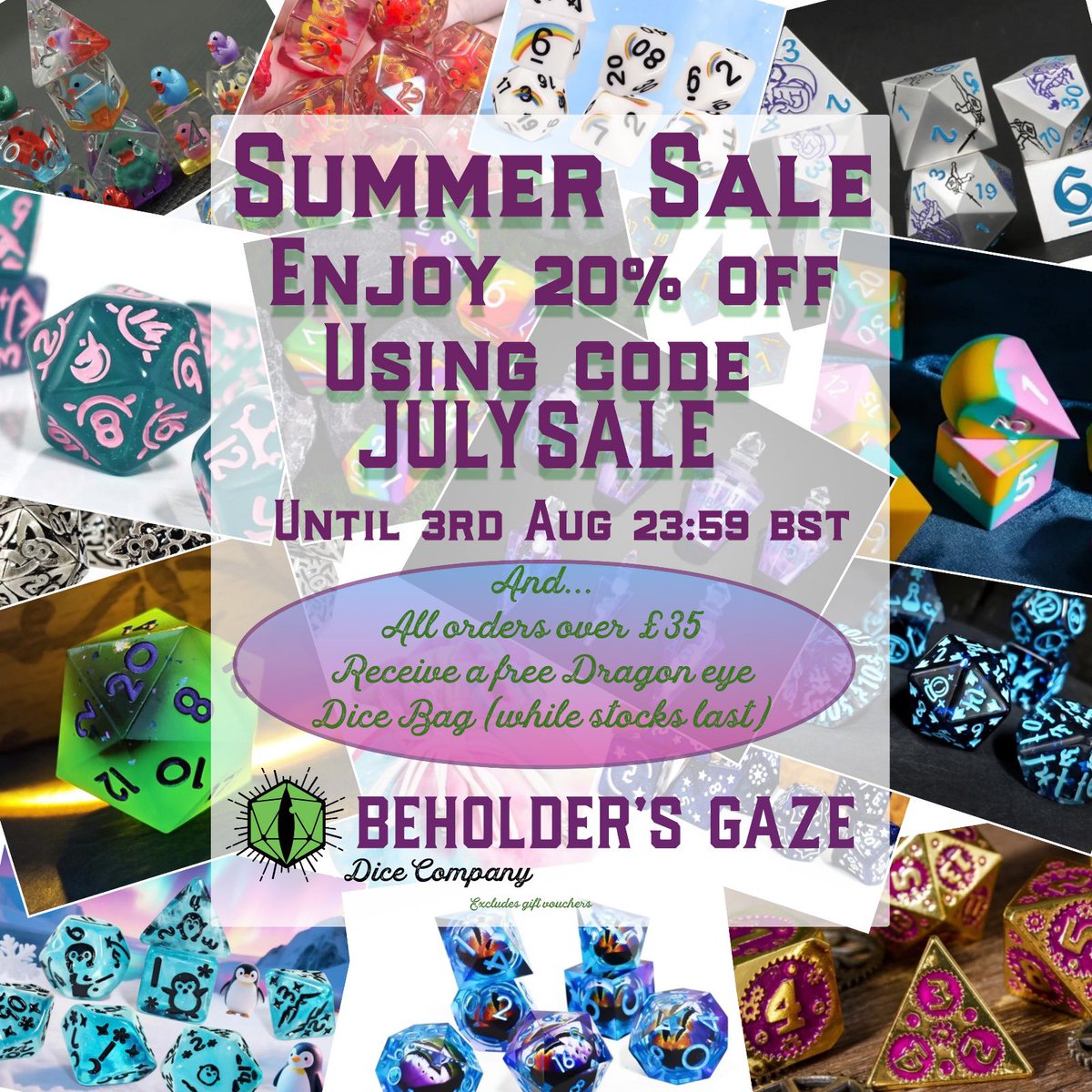 IT’S HOLIDAY TIME

We’re taking a well earned break with the family so while we’re away please enjoy 20% off your order using code JULYSALE at checkout! Sale ends 3rd August 2025 at 23:59 BST.  Any orders placed between now and the sale ending will be fulfilled on our return.