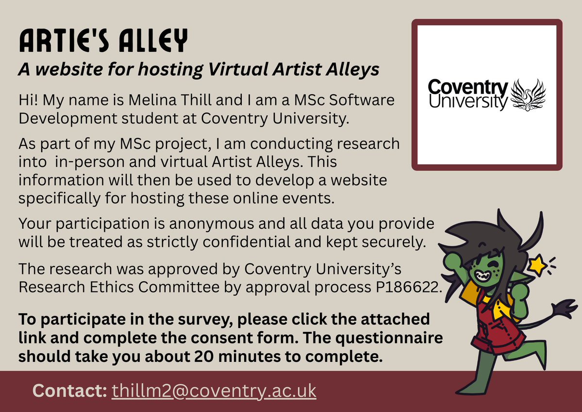 TheIneffableCon's tweet image. 🚨 CAN YOU HELP? 🚨
Melina is researching in-person and virtual artists alleys as part of an MSc project. You can read more on the images below, but if you can complete the survey, please do:
forms.cloud.microsoft/e/k4c947zwbp
#GoodOmens