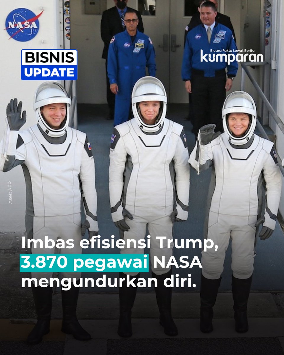 kumparan's tweet image. Badan Antariksa Amerika Serikat (NASA) berpotensi kehilangan 3.870 pegawai melalui program pengunduran diri sukarela.
#bisnisupdate #update #bisnis #oneliner