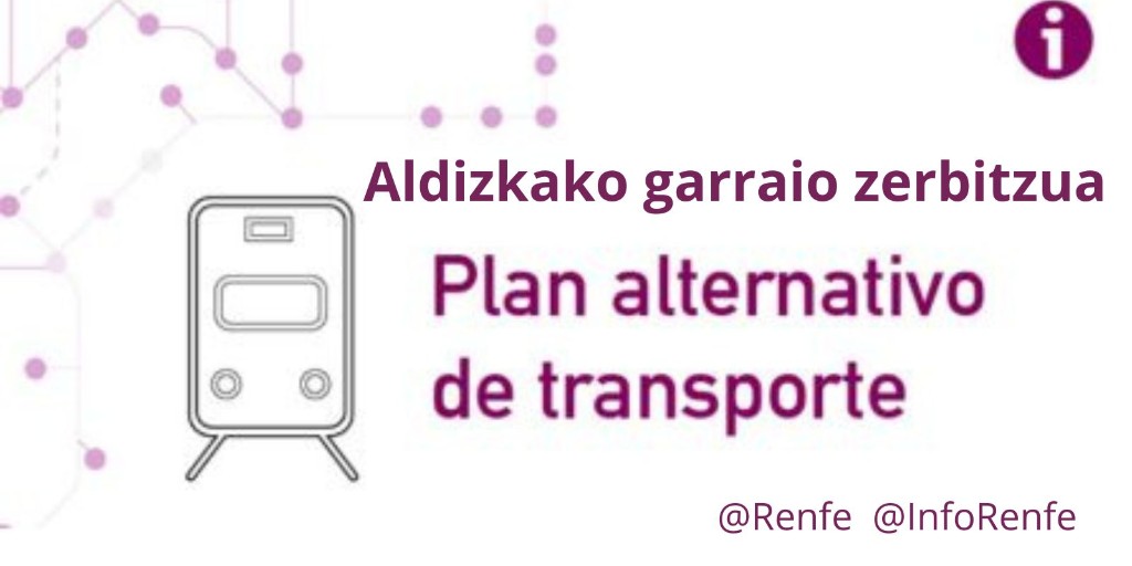 Ayto_SS's tweet image. ❗Atención
🚆 #Renfe programa un plan alternativo de autobuses para trenes de Cercanías, Media Distancia y Larga Distancia en Gipuzkoa, debido a las obras de implantación del tercer hilo de la red ferroviaria
🗓️Hasta el 21 de septiembre
➦ labur.eus/894iajik

@Renfe…