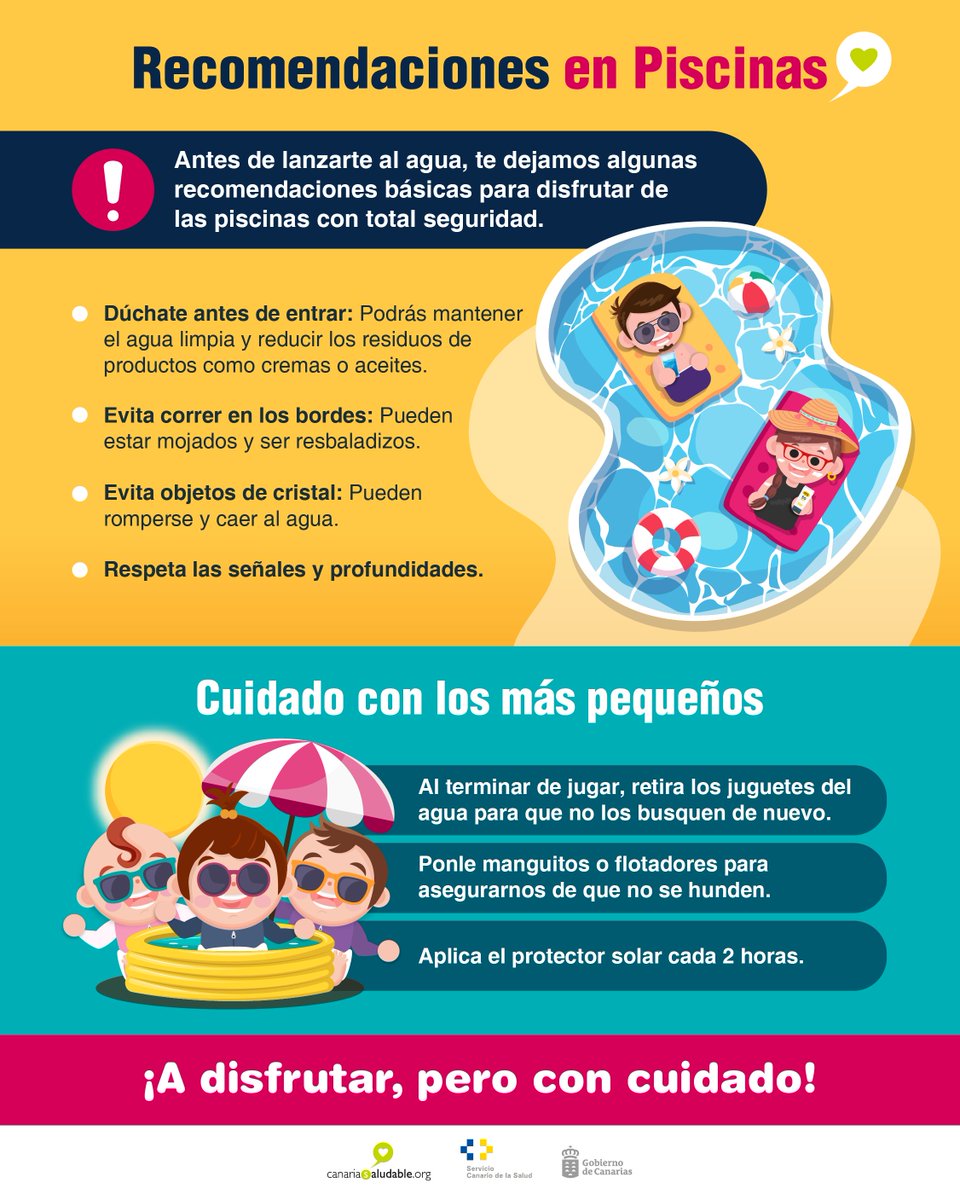 CanSaludable's tweet image. #Piscinas ☀️
Sigue estas recomendaciones para que puedas disfrutar con total seguridad en las piscinas, tanto tú como los más pequeños.
Para más información, accede al siguiente enlace:
bit.ly/Recomendacione…
@SanidadGobCan @PresiCan @JuventudCanaria @112canarias @012Gobcan