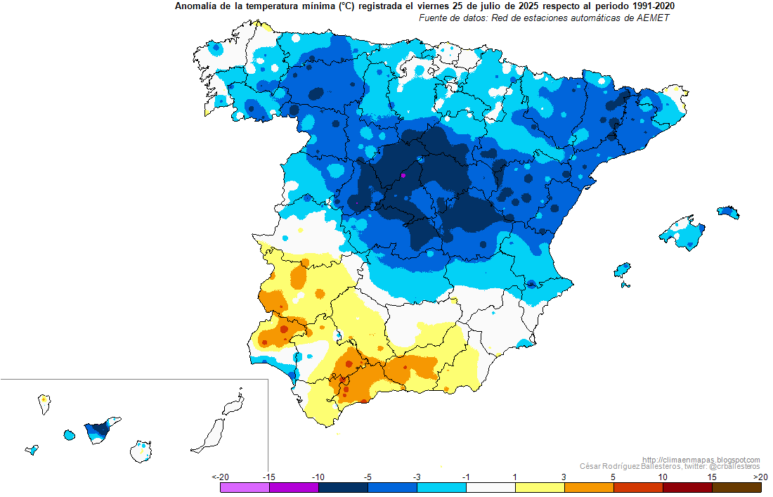 #Temperaturas máximas y mínimas registradas ayer viernes 25 de julio y #Anomalías resultantes. Periodo de referencia: 1991-2020. #ClimaEnMapas.
climaenmapas.blogspot.com/p/tobs072025.h…