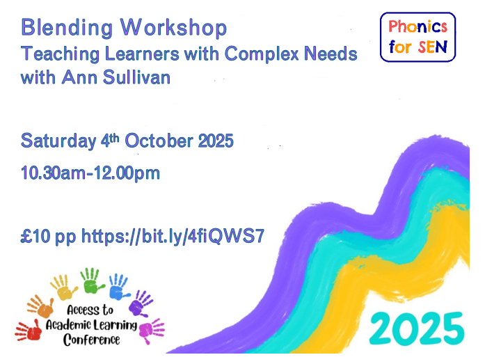 Ann Sullivan Phonics for SEN & Pathway to Phonics (@phonicsforsen) on Twitter photo <a href="/DiscoverIncl/">Discover Inclusion</a>'s Academic Learning Conference 2025. I'm running an online workshop on teaching blending to learners with complex needs.
We'll look at a graduated approach with lots of practical strategies and tips.
£10 pp. Places limited so book early! bit.ly/4fiQWS7 <a href="/DiscoverIncl/">Discover Inclusion</a>'s Academic Learning Conference 2025. I'm running an online workshop on teaching blending to learners with complex needs.
We'll look at a graduated approach with lots of practical strategies and tips.
£10 pp. Places limited so book early! bit.ly/4fiQWS7