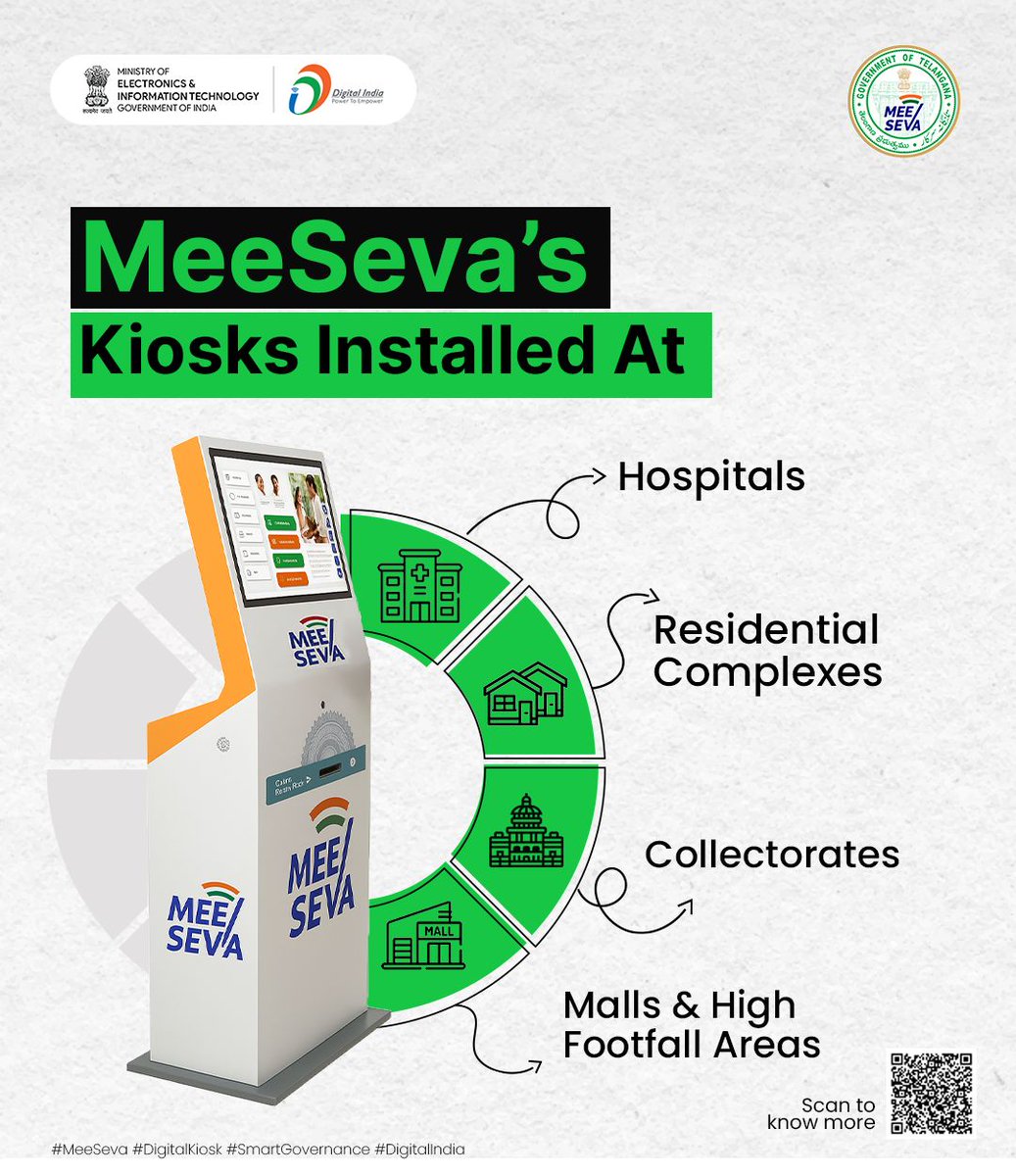 GoI_MeitY's tweet image. 💡 Introducing MeeSeva’s Digital Interactive Kiosks!
From paying bills to printing certificates — access key government services anytime, anywhere without standing in lines.
Smart. Self-service. Seamless.

#MeeSeva #DigitalKiosk #SmartGovernance #DigitalIndia