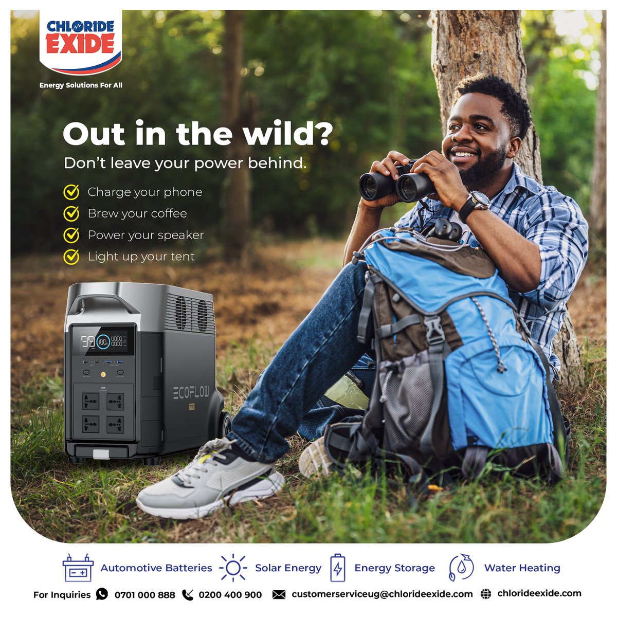 chlorideexideug's tweet image. Power your weekend escapes with Chloride Exide’s Portable Energy Solutions.
Whether it’s a weekend camping trip, a lakeside picnic, or a spontaneous game drive, our portable solar power kits are the real MVPs.
📞 Call 0200400900 or WhatsApp 0701000888 and let adventure meet…