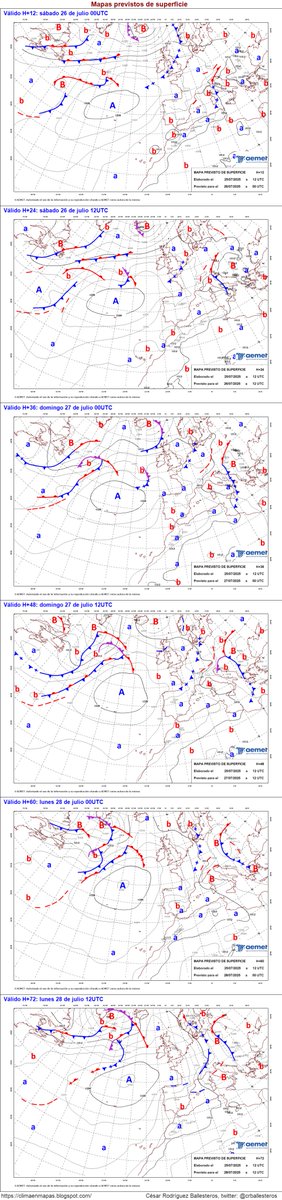Mapas de superficie previstos de H+12 a H+72. Inestabilidad hoy en el este de Cataluña y Baleares, con chubascos y tormentas localmente fuertes. Tiempo anticiclónico desde mañana, pero con alguna precipitación débil en el extremo norte. #ClimaEnMapas.
climaenmapas.blogspot.com/p/mapasfrentes…