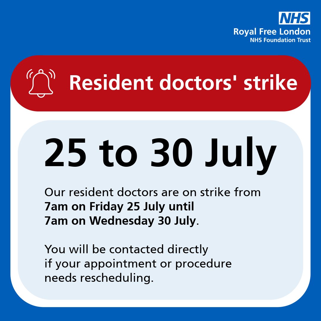 Resident doctors across our sites are taking part in national industrial action from  Friday 25 July until 7am on Wednesday 30 July.

Our hospitals will remain open and you will be contacted if your care is affected. 

Learn more 👇
royalfree.nhs.uk/news/july-stri…