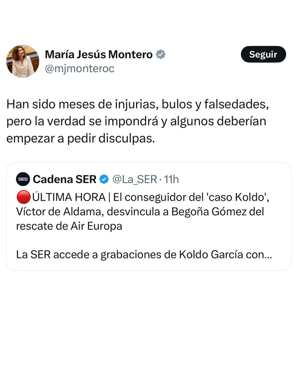 ppandaluz's tweet image. 🔴 La propia ministra Montero por la mañana daba credibilidad a las palabras de Aldama, pero él decía esto por la noche:
“María Jesús Montero intervino para que Hacienda le aplazara una deuda a Aldama tras una llamada de Ábalos”