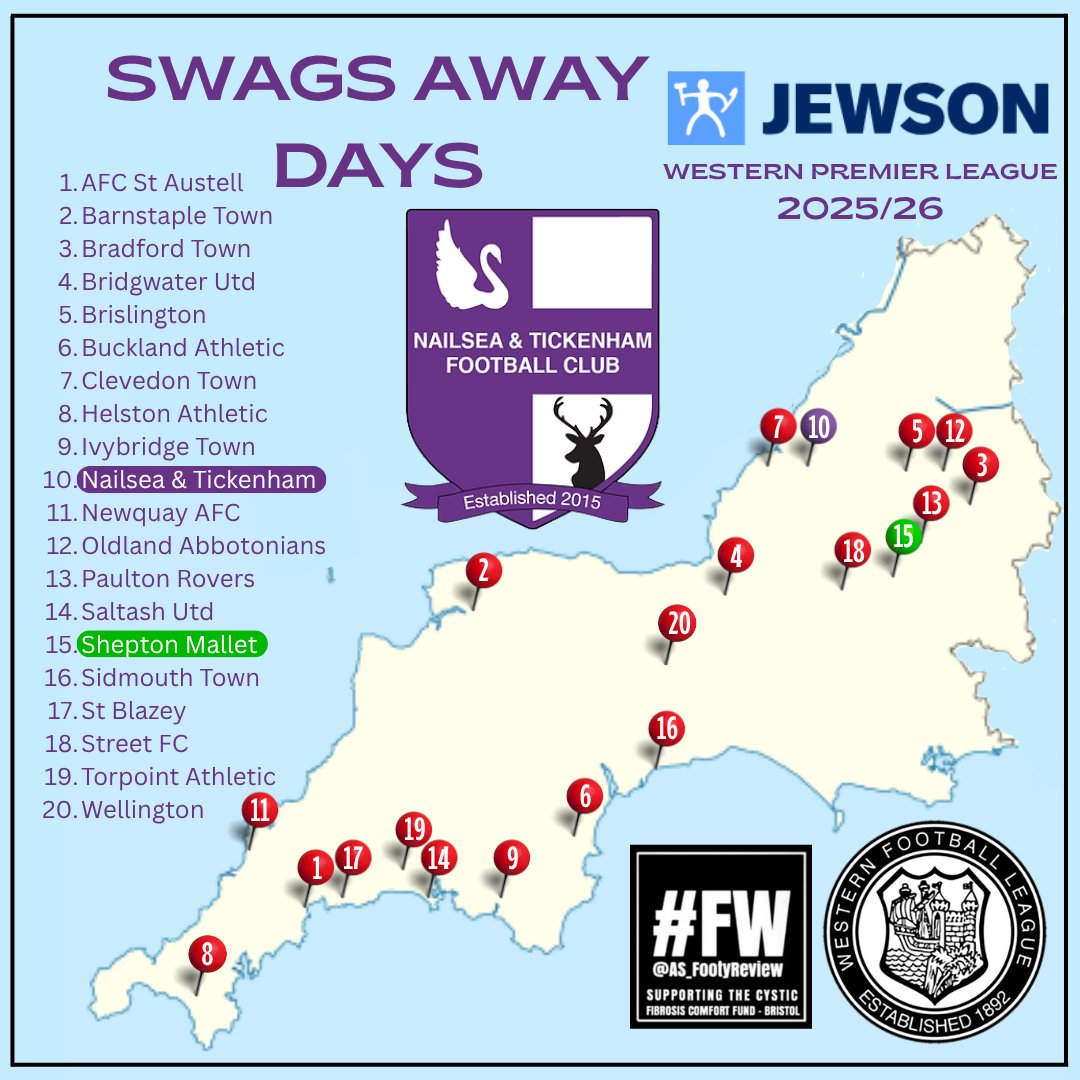 NandTFC's tweet image. ⚽️💜🤍AWAY DAYS MAP🤍💜⚽️

Today we take a short 50min trip to play Shepton Mallet FC!
ASFootyReview Andy Stone will be attending the game of his choice today who we are proud in supporting a great cause for the Cystic Fibrosis Comfort Fund!

Let&apos;s bring some noise down at…