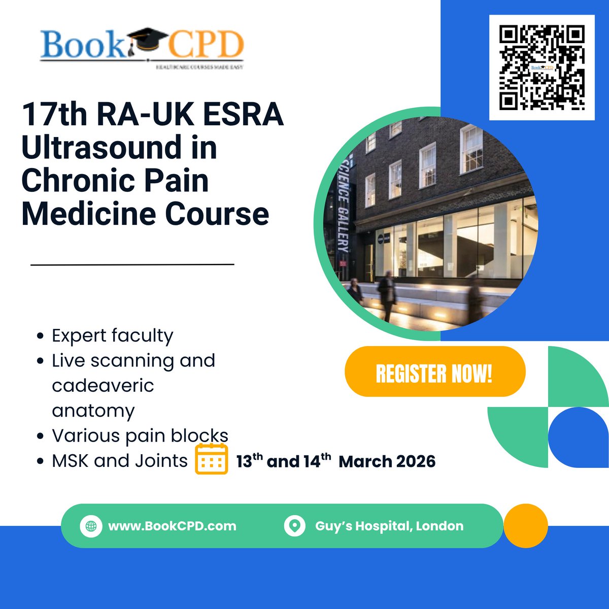 bookcpd's tweet image. The 17th RA-UK ESRA Ultrasound in Chronic Pain Medicine Course is now open for registration!
Venue: Guy's Hospital, London
Visit : bookcpd.com
#PainMedicine #Ultrasound #CPD #ESRA #RAUK #Anaesthesia @CiaranWazir @athmathottungal