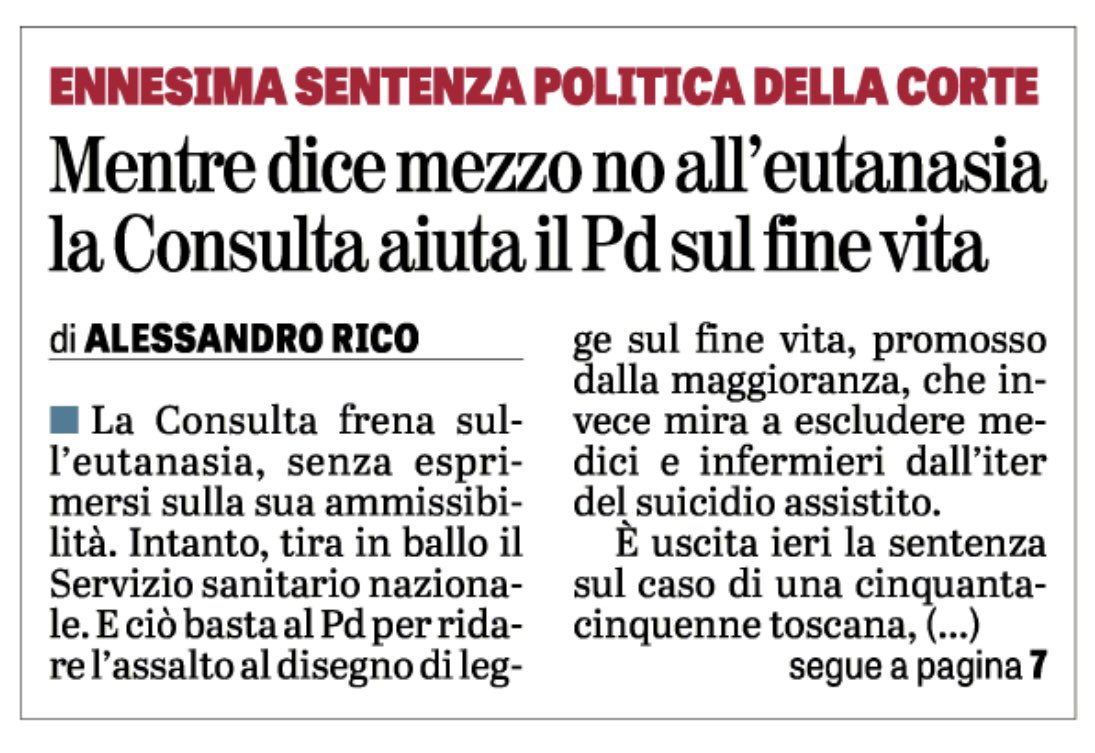 Alessandro Rico 🇮🇹 (@ricoalessandro) on Twitter photo La Consulta pattina sull’eutanasia (non si esprime sulla sua liceità) ma serve un assist alla sinistra sul ruolo del Ssn nel suicidio assistito…
Su <a href="/LaVeritaWeb/">La Verità</a> La Consulta pattina sull’eutanasia (non si esprime sulla sua liceità) ma serve un assist alla sinistra sul ruolo del Ssn nel suicidio assistito…
Su <a href="/LaVeritaWeb/">La Verità</a>