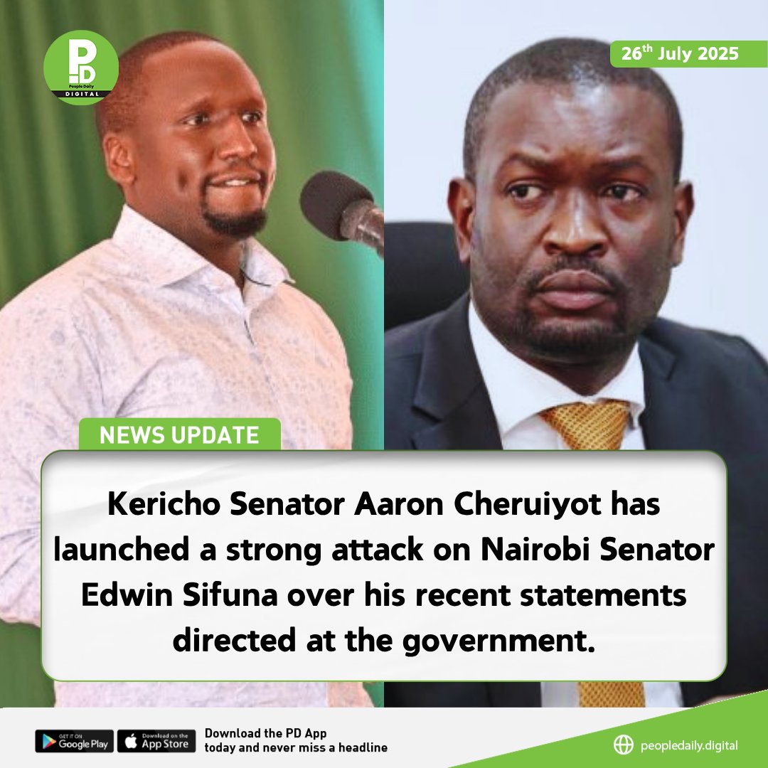 PeopleDailyKe's tweet image. Kericho Senator Aaron Cheruiyot has launched a strong attack on Nairobi Senator Edwin Sifuna over his recent statements directed at the government.
#PDNews #PDWikendi #PDSiasa