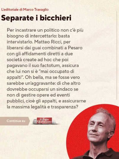 Il cacicco Ricci da sindaco non si occupava di appalti.
Ohibò e dunque che faceva?
Questa gente che usa il posto di sindaco come trampolino di lancio per altre poltrone mi ricorda qualcuno,tutte le strade portano al cassonetto interrato.
#26luglio