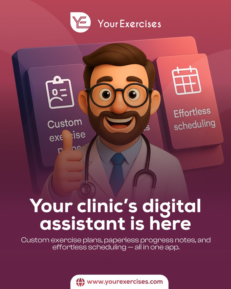 yourexercises's tweet photo. 👨‍⚕️ Your Clinic’s Best Assistant – Now Digital!
Simplify your workflow with Your Exercises – custom exercise plans, paperless notes, and smart scheduling, all in one place.
💻 The future of physiotherapy is here.

#YourExercisesApp #ClinicManagement #PhysiotherapyTools https://t.co/iacOX0elHQ