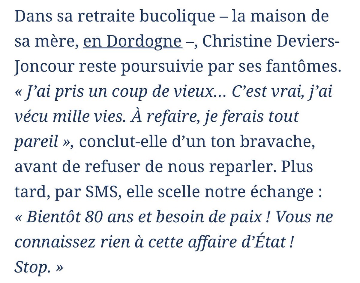 Benjamin Ferran (@benjaminferran) on Twitter photo «J’ai 780 euros de retraite aujourd’hui, mes livres ne rapportent plus rien. J’ai pris un coup de vieux… C’est vrai, j’ai vécu mille vies. À refaire, je ferais tout pareil.»
<a href="/GuyonneM/">Guyonne de Montjou</a> a retrouvé Christine Deviers-Joncour «J’ai 780 euros de retraite aujourd’hui, mes livres ne rapportent plus rien. J’ai pris un coup de vieux… C’est vrai, j’ai vécu mille vies. À refaire, je ferais tout pareil.»
<a href="/GuyonneM/">Guyonne de Montjou</a> a retrouvé Christine Deviers-Joncour