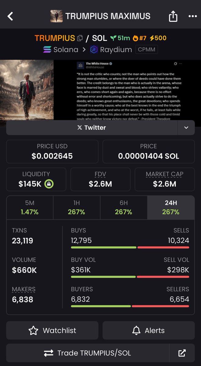$TRUMPIUS is Up 2.6x 🚀 

💹 From $993k &gt;&gt; 2.6m 🔥

Join our exclusive VIP Memecoin Signal Group and get Early Calls on trending memecoins before they take off. 

Send a DM now let's get you started 

#Solana #memecoin #memecoin1000x