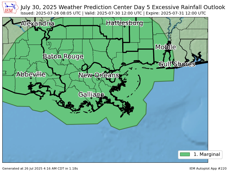 iembot_lix's tweet image. WPC issues Day 5 Marginal Risk Excessive Rainfall Outlook at Jul 26, 8:05z for LIX wpc.ncep.noaa.gov/qpf/excessive_…