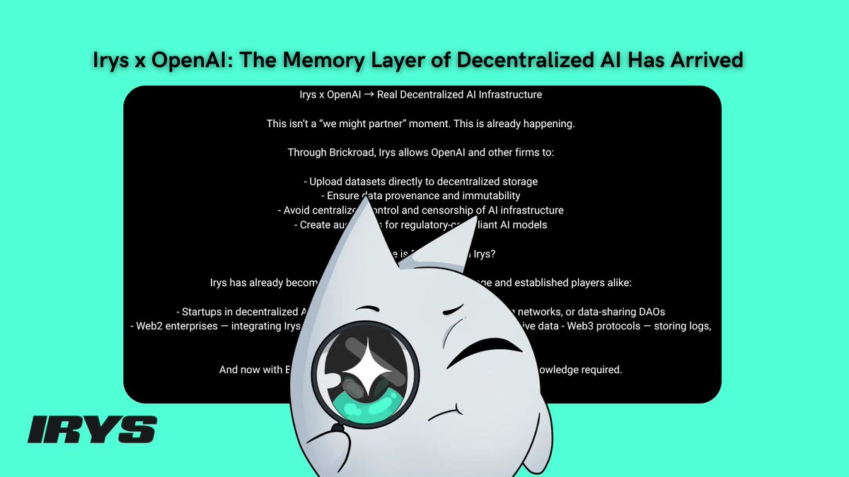 cryptofleemo's tweet photo. Irys x OpenAI: The Memory Layer of Decentralized AI Has Arrived 

We’re not entering the future.
We’re already building it.
And at the heart of it — Irys.

> What is Irys?

Irys is the permanent data layer that powers a new internet — one where data is stored forever, immutably, and globally accessible.

But Irys is not just storage. It’s a modular infrastructure stack for the AI x Web3 era, offering:

- Brickroad — an enterprise-grade API for storing data immutably across Arweave and other permaweb layers.
- Data Availability Layer — think of it as a DA layer, but for any offchain data, usable by LLMs, dApps, and infra tools.
- Foundation for AI-native infrastructure — so that Web2 & Web3 developers can build with truly trusted and verifiable data.

In short: Irys makes data storage as seamless as using a database — but on crypto rails.

> Why AI Needs Irys
Every modern AI system relies on massive datasets — models, training runs, fine-tuning checkpoints, logs. But what happens when these datasets become:

- Too large to store on centralized cloud platforms
- Too important to risk corruption or deletion
- Too public to be controlled by one company?

You need permanence. You need verifiability.
You need Irys.

> Who is OpenAI?

You know the name.
OpenAI built ChatGPT, DALL·E, Sora, Whisper — and changed the world.

But even the most powerful LLMs can’t exist without a reliable memory layer.
With datasets in the terabytes, OpenAI needs secure, decentralized, scalable data infra. And with Brickroad by Irys:

- Model data can be stored immutably
- AI logs and results become auditable & permanent
- And the foundation of open, decentralized, trustless AI becomes possible

Irys x OpenAI → Real Decentralized AI Infrastructure

This isn’t a “we might partner” moment.
This is already happening.

Through Brickroad, Irys allows OpenAI and other firms to:

- Upload datasets directly to decentralized storage
- Ensure data provenance and immutability
- Avoid centralized control and censorship of AI infrastructure
- Create audit trails for regulatory-compliant AI models

> Who Else is Building with Irys?

Irys has already become a critical component for early-stage and established players alike:

- Startups in decentralized AI — building LLM inference layers, fine-tuning networks, or data-sharing DAOs
- Web2 enterprises — integrating Irys as a backend layer for regulated or audit-sensitive data
- Web3 protocols — storing logs, governance metadata, analytics, and more

And now with Brickroad, onboarding is easier than ever. No crypto knowledge required.

> Backed by Top-Tier VCs

Let’s talk money.

Irys has raised $8.9M to build out the data rails of the next-gen web.

Strategic Investors:

- a16z CRYPTO — one of the most influential Web3 investors globally
- Variant Fund — known for their data thesis and deep Web3-native insight
- Delphi Digital — technical, long-term, and thesis-driven
- Arweave Team — the foundational layer of permaweb itself
- Robot Ventures (Robert Leshner) — founder of Compound, supporting crypto infra

Reverie, Canonical Crypto, and more — ecosystem builders who understand modular infra

These are not just money-backers, they’re deep builders, pushing Irys into the core of crypto and AI alike.

> What You'll Learn in Community Call #7

This isn't just another call — it's a download of the future:

- How close Irys is to mainnet
- Who’s integrating Brickroad already
- Why founders of Irys are connected across the AI world
- The real use cases for Web2 and Web3
- What makes Irys critical for OpenAI
- What Brickroad is — and how to use it in minutes

> Final Words:

OpenAI is the brain.
Irys is the memory.

Together, they’re not just improving AI — they’re building a verifiable, transparent, and censorship-resistant infrastructure for the next era of the internet.

You’re not ready for this.
But the future can’t wait.