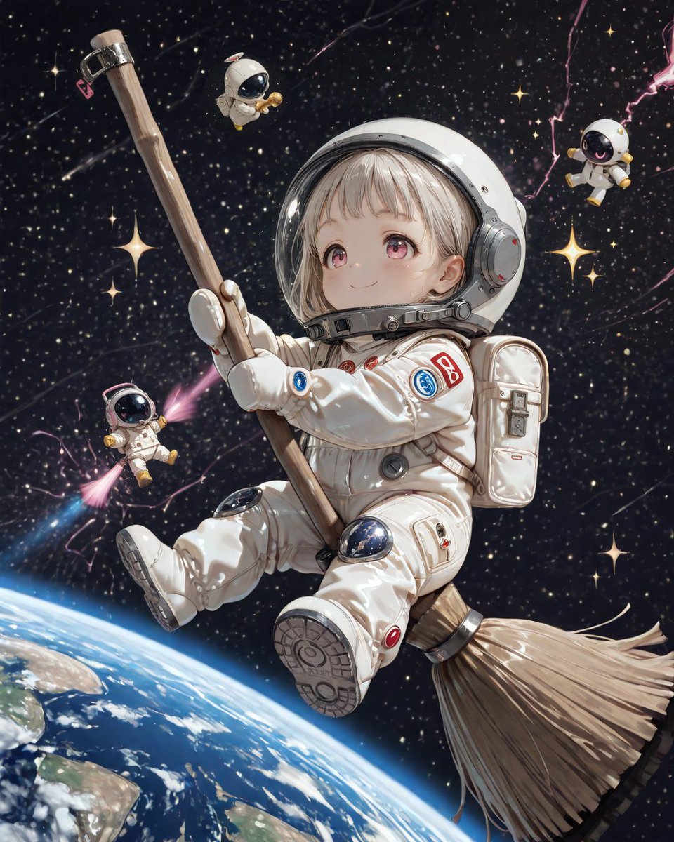 NUEnoSORA's tweet image. とおいよ とおい とおい とおくまで いきすぎ～
ちきゅう に いないじゃん
どんだけ すごい ほうき なの
いろいろと つっこみたい ところだけど
どこまで いくの？
宇宙服 魔法のほうき
#AIイラスト #AIart #AIillustration