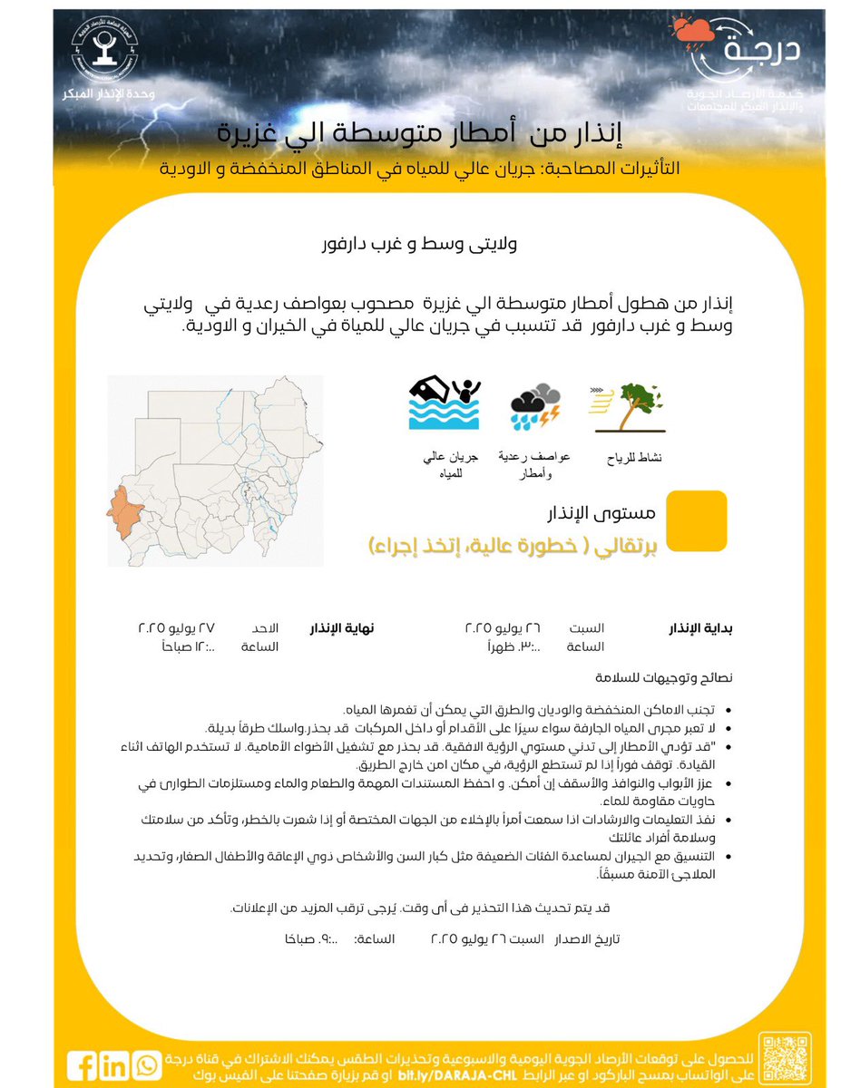 WakeepAr's tweet image. *إنذار برتقالي -خطورة عالية، اتخذ اجراء*
📍 ولايتي وسط و غرب دارفور.
⚠️اصدرت الهيئة العامة للأرصاد الجوية انذار برتقالي من امطار متوسطة الي غزيرة مصحوب بعواصف رعدية.
📆ابتداءا من *عصر السبت 26 يوليو ٢٠٢٥* وحتى *مساء السبت 26 يوليو ٢٠٢٥*
✅ قد تغمر المياه الطرق والمنازل…
