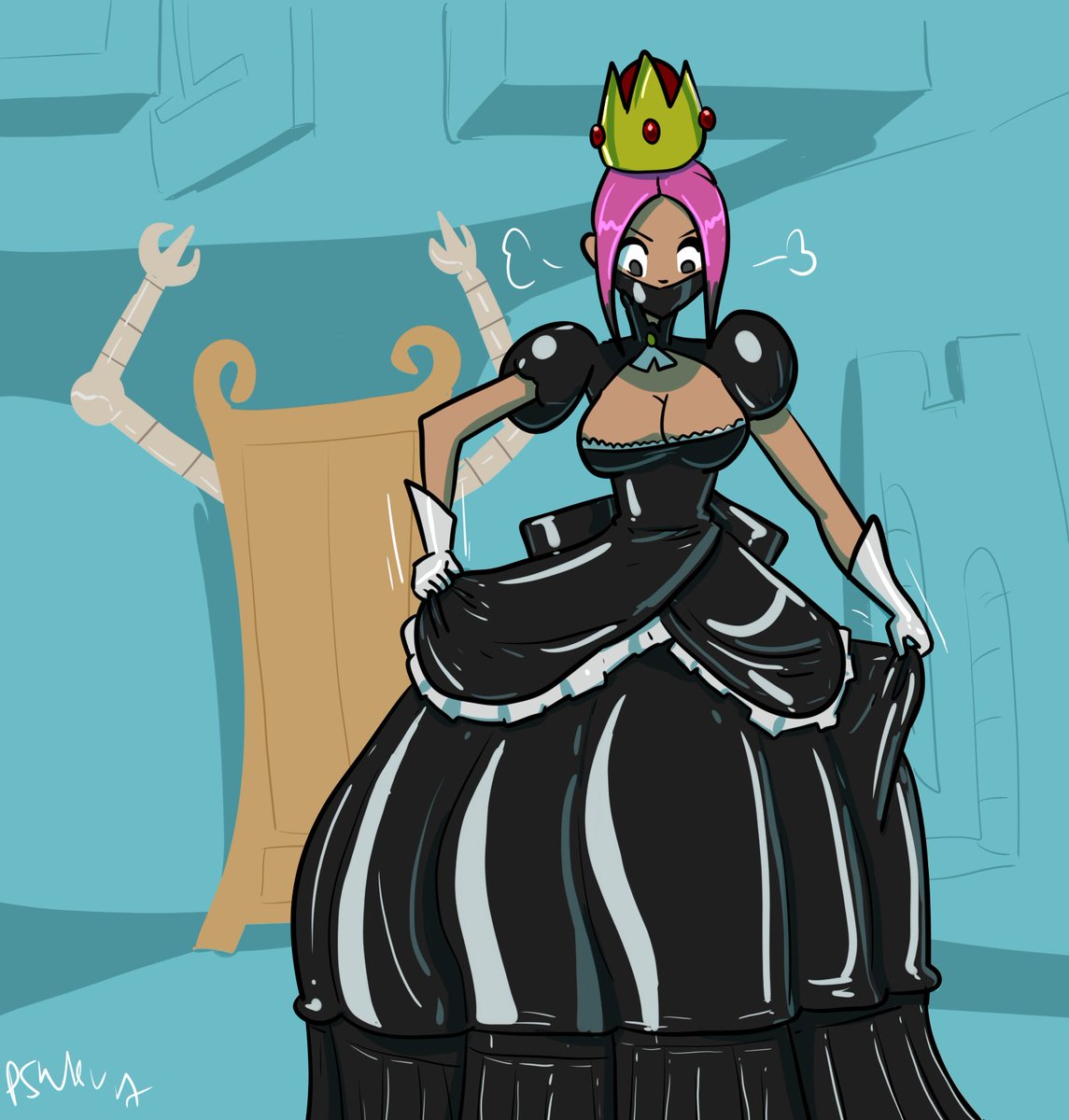 In this mansion, everyone is a princess! Even a 21st century girl like you. Nothing that the autodresser closet can't do. The plugs in your gag and petticoat will keep you entertained.