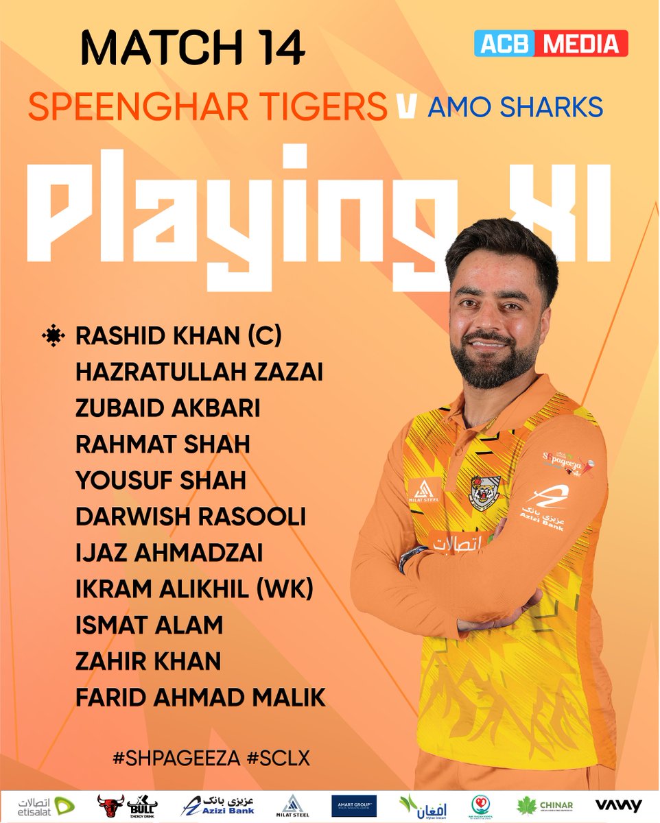 ACBofficials's tweet image. 🚨 PLAYING XIs 🚨
Here are the Playing XIs of the Speenghar Tigers and the Amo Sharks for the 14th game of the 10th edition of the Etisalat Shpageeza Cricket League 2025, powered by XBull. 👏
#Shpageeza | #SCLX | #XBull | #Etisalat