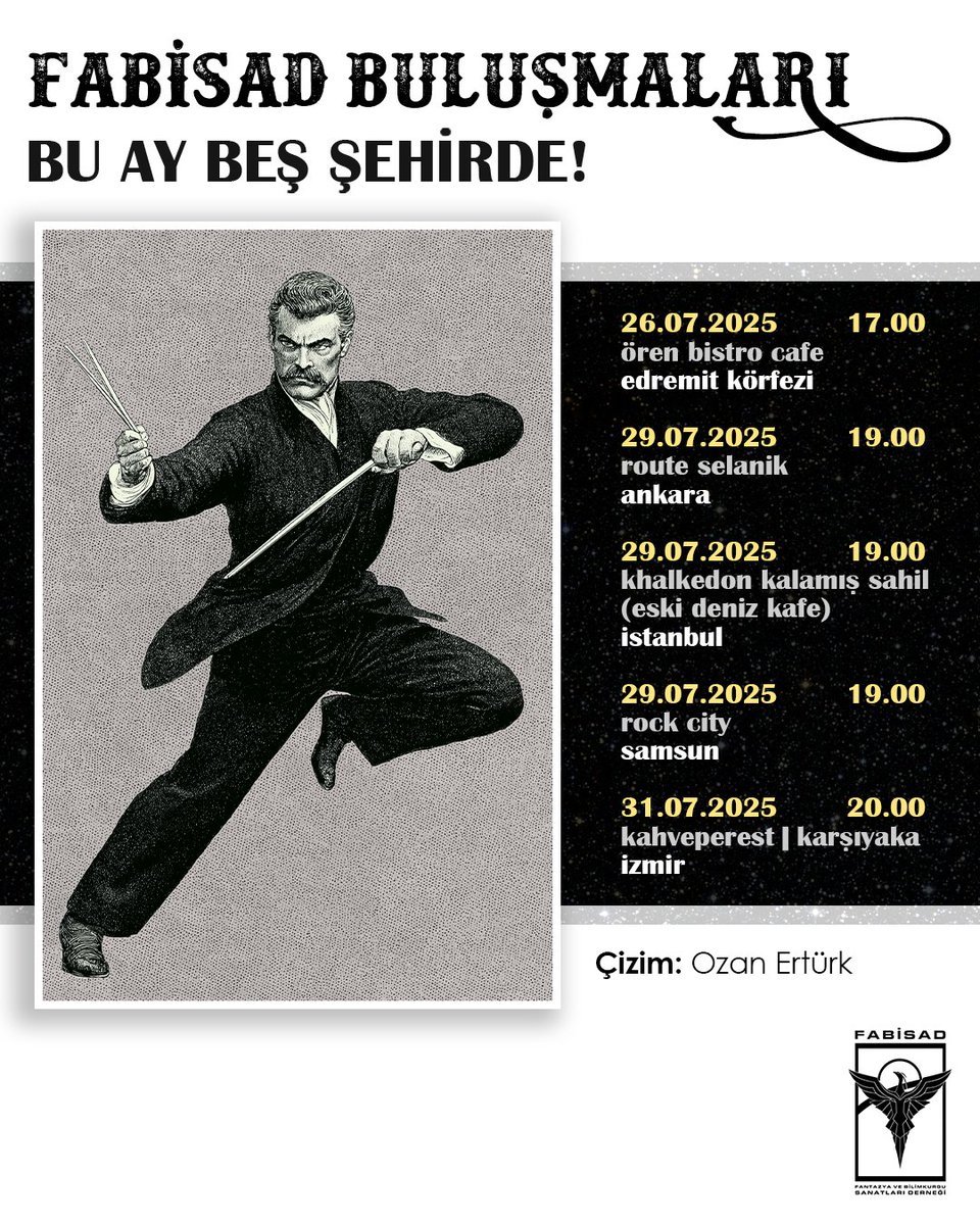 Bu ay beş şehirde buluşuyoruz!
 
Hayal gücünün izinden giden sanatçıları spekülatif kurgu meraklılarıyla bir araya getiren FABİSAD Buluşmaları, temmuz ayında Ankara, Balıkesir, İstanbul, İzmir ve Samsun’da gerçekleşiyor.
 
Hepinizi, dernek dışına da açık olan buluşmalarımıza,