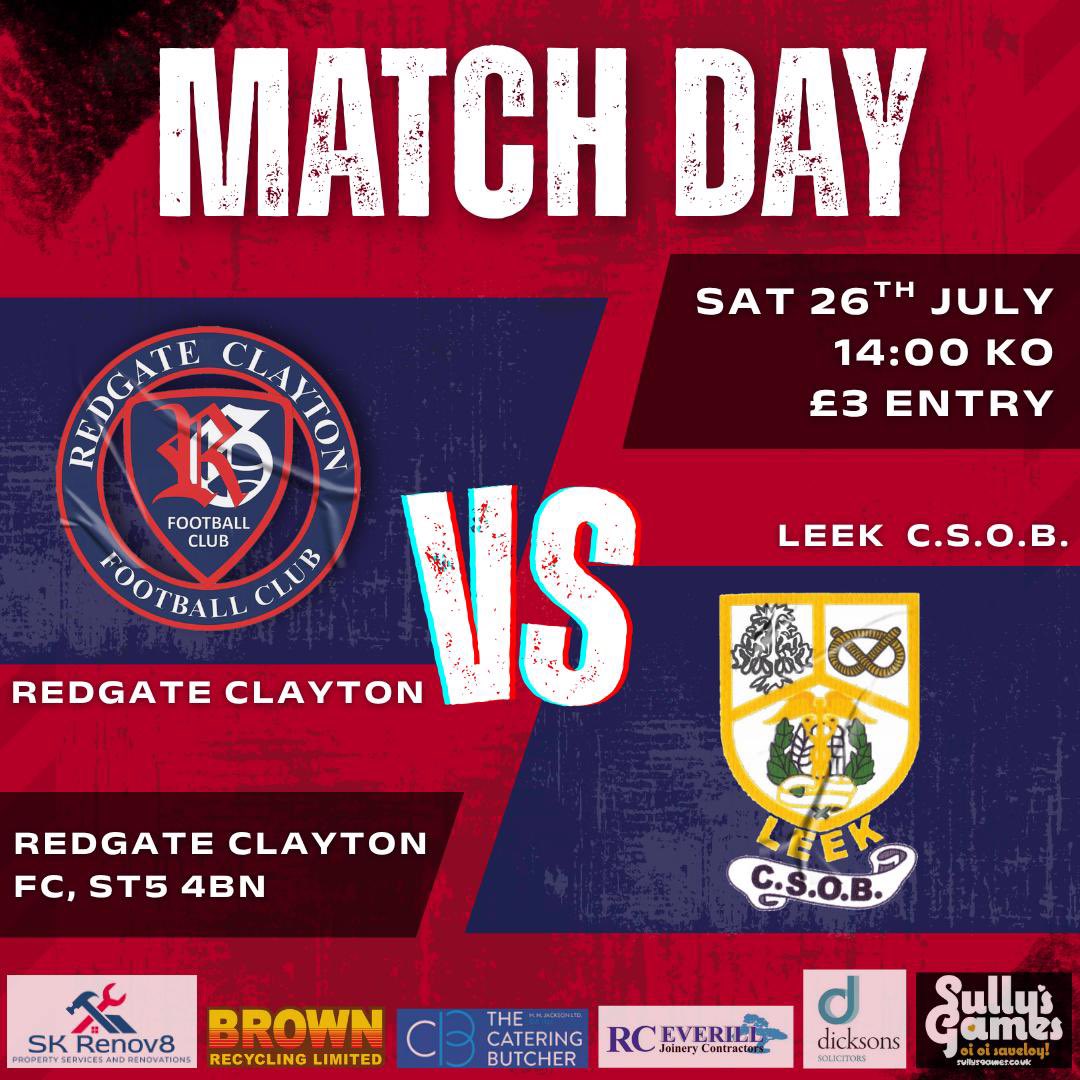 🔥 STAFFORDSHIRE COUNTY SENIOR LEAGUE IS BACK

⚽️ Redgate Clayton vs Leek CSOB
📅 Saturday 26th July
🍔 Cafe &amp; Bar
🕐 14:00 KO
📍 Redgate Clayton, Northwood Lane, ST5 4BN
🎫 £3 Entry