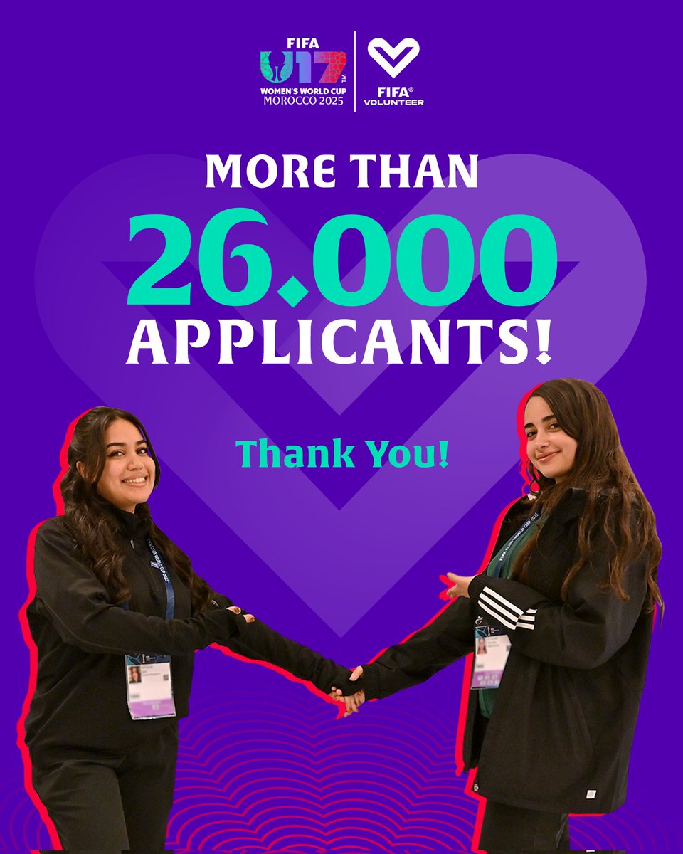 أُغلق باب التسجيل للمتطوعين رسمياً!
فخورون جداً بهذه الاستجابة الهائلة، مع تلقي أكثر من 26,000 طلب للمساهمة في نجاح كأس العالم للسيدات تحت 17 سنة FIFA™ المغرب 2025. نقدر لكم حماسكم وشغفكم الكبير! ❤️‍🔥

Volunteer registrations are now closed! We're thrilled by the incredible