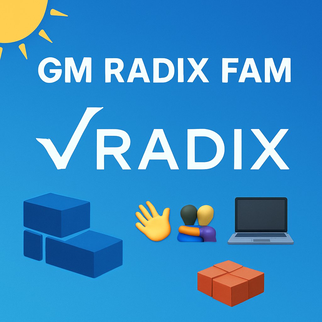 DeFiScriptor's tweet image. GM @radixdlt Fam ☀️
A new day to build, stake, and stack those $XRD bags.
Let’s push the ecosystem forward brick by brick 🧱
Drop a GM & tag a builder 🔁
#GM #Radix #XRD #Web3 #DeFi