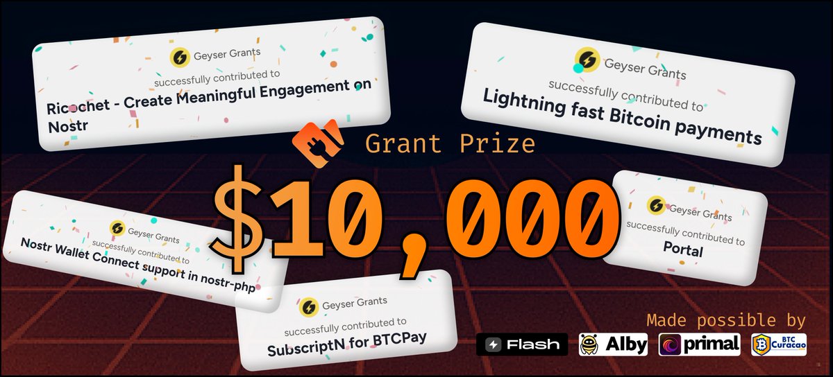 Geysergrants's tweet image. Nostr Wallet Connect funds have been dispatched! 💰
Congrats to the winners!
Track 2:
🥇 @SwapidoBTC
🥈 @dsbaars's Nostr PHP
🥉 @PortalOnX by
Track 1:
🥇 @NodeDiver's SubscriptN
🥈 @steliosrammos's Ricochet
🥉 @NakaPayApp
And big thanks to the sponsors: @getAlby @paywflash…