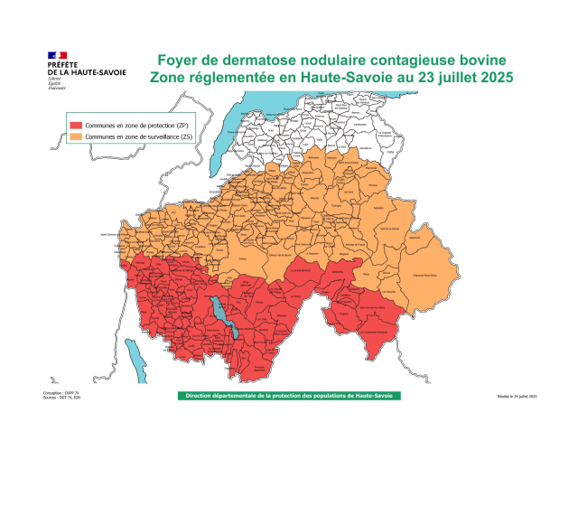 #santéanimale | Cinq nouveaux foyers de dermatose nodulaire contagieuse confirmés en Haute-Savoie. Un nouvel arrêté de zonage est donc pris en conséquence.
Emmanuelle Dubée, <a href="/prefet74/">Préfète de la Haute-Savoie</a> réitère son soutien auprès de la profession agricole dans la gestion de cette crise.