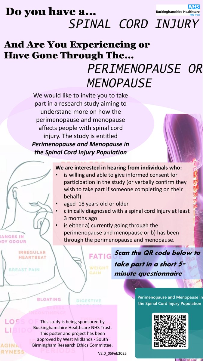 spinalinjuries's tweet image. There's still time to take part in the Buckinghamshire Healthcare NHS Trust study about going through perimenopause/menopause with spinal cord injury.
It'll only take 5 minutes and could improve future treatment and care - click below for more info⬇️
bit.ly/42xnNwB