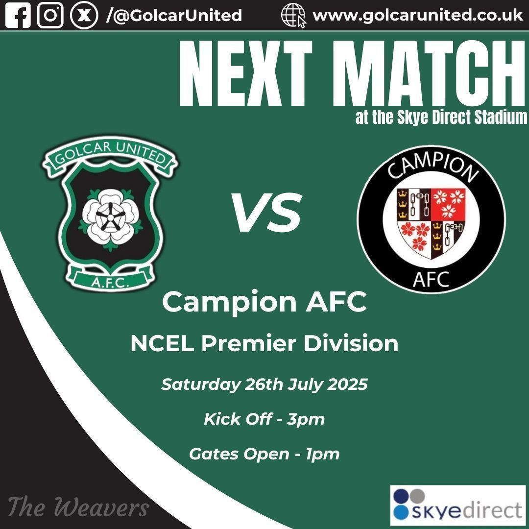⚽️ IT’S MATCHDAY! ⚽️ 

Join us this Saturday and welcome Joe, Frankie and the new players.

🆚 Campion AFC
🏟️ Skye Direct Stadium, Golcar
📅 Saturday 26th July 
⏰ KO @ 3pm
🎟️ Adults £6, 65+ £4 and U16 £2.

Up the Village! 🟢⚫️