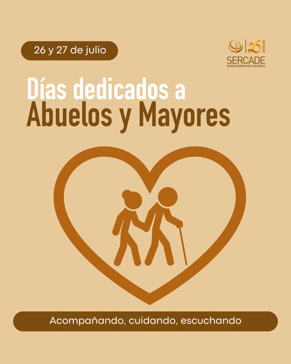 ❤️‍🩹 ACOMPAÑANDO, CUIDANDO, ESCUCHANDO

🎉 Este finde celebramos a nuestros mayores:
▪️Día de los Abuelos (26 julio)
▪️Jornada Mundial Abuelos y Mayores (27 julio)

👣 En SERCADE, caminamos con ellos. Contra la soledad. A favor de la dignidad. 

 #JornadaDeLosAbuelosYMayores