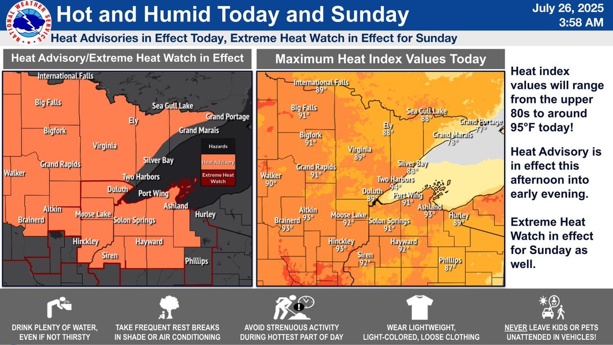 NWSduluth's tweet image. Hot and humid conditions continue throughout the weekend. Heat Advisories have been issued for today, and an Extreme Heat Watch is in effect for Sunday. Stay cool and hydrated!