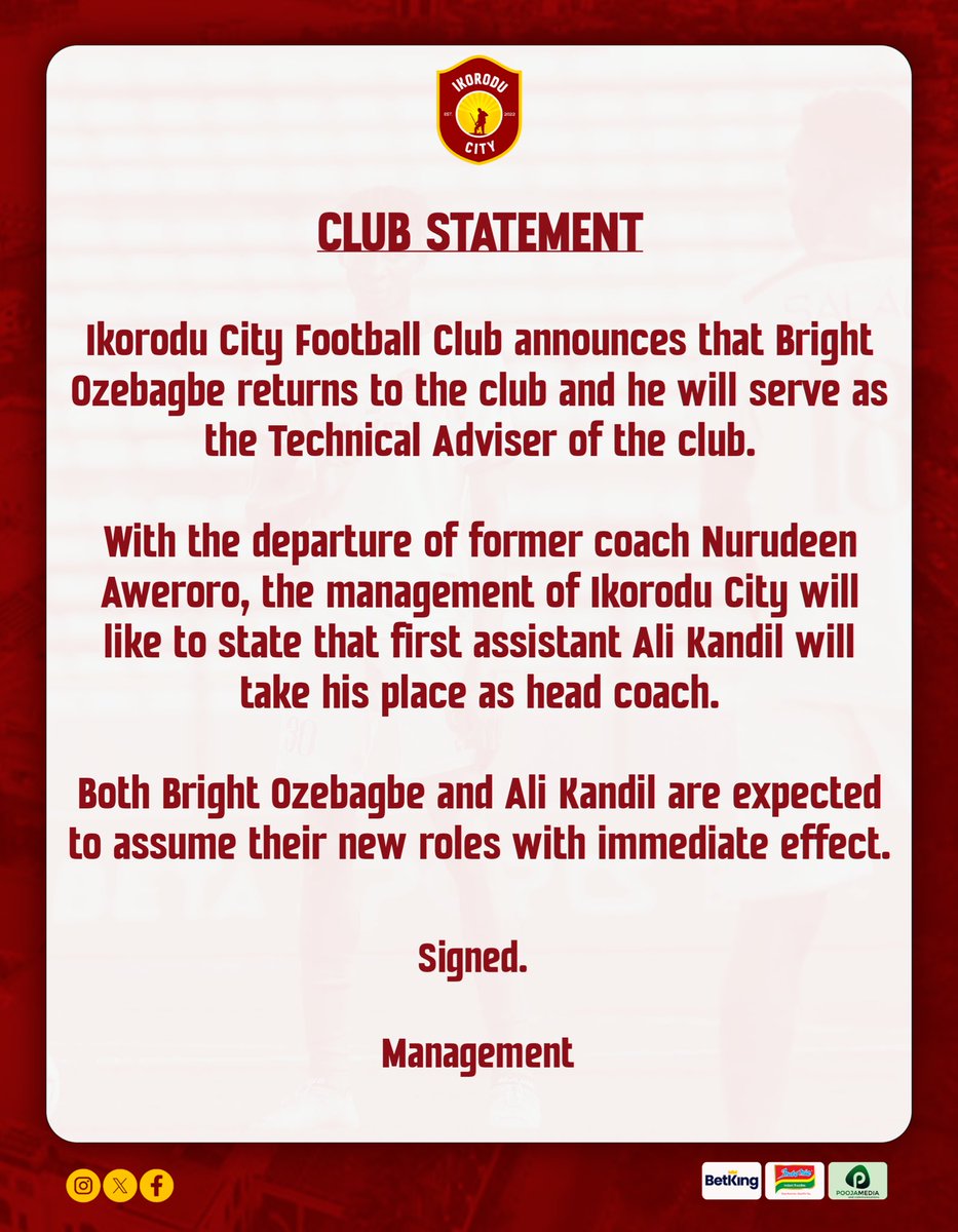 ojeksaikhoje's tweet image. Via a club statement on X, @IkoroduCityFC has named Ali Kandil as new Head Coach.
He replaces Nurudeen Aweroro, who has joined @ShootingSc.
Kandil was Aweroro's first assistant.
#WeAreIkoroduCityFC now maintains a tradition of picking their Head Coach from within.
#NPFL26