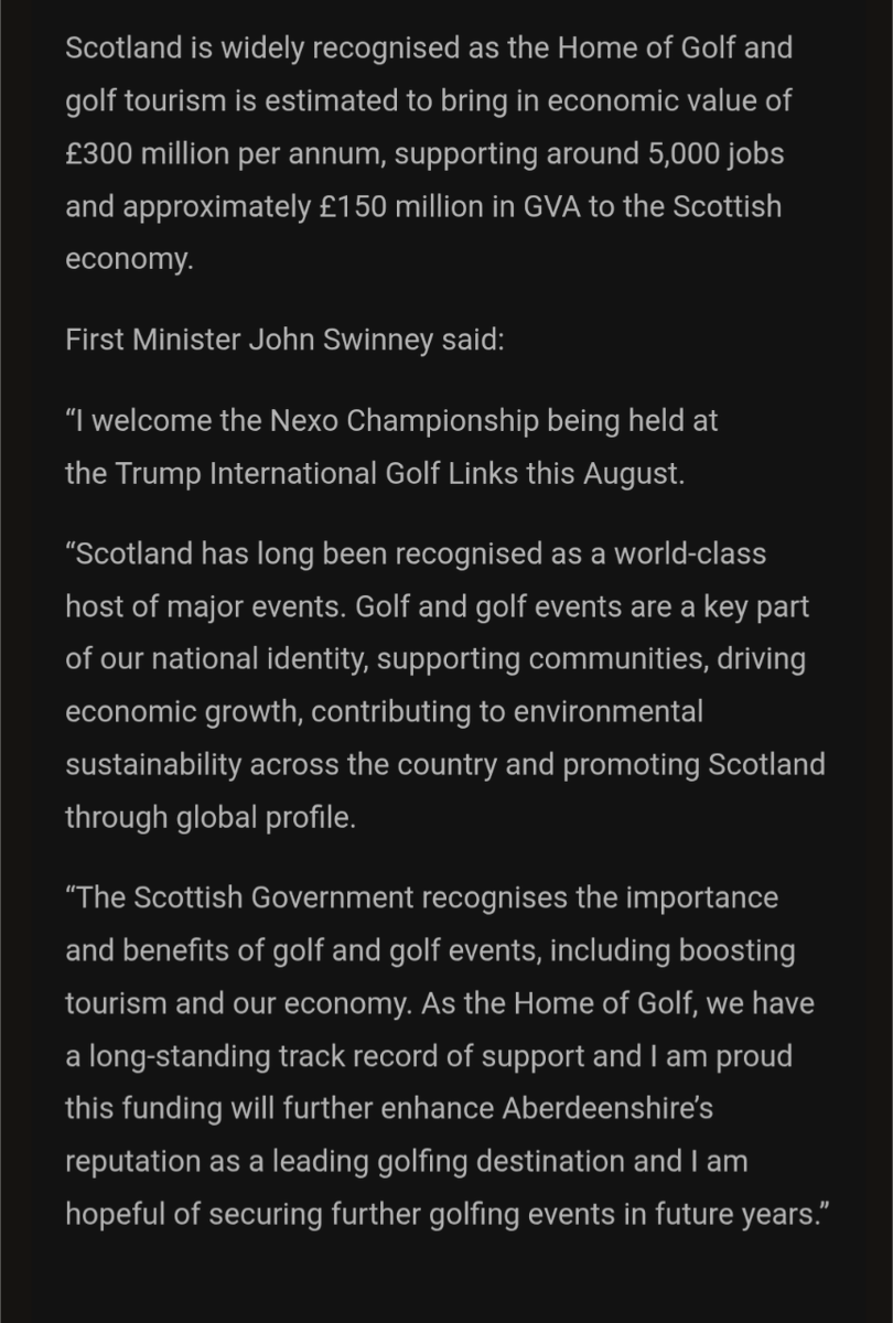 ChrisMusson's tweet image. What a coincidence! John Swinney announces £180,000 of public money for a comp at Donald Trump's golf course, just before he meets Trump