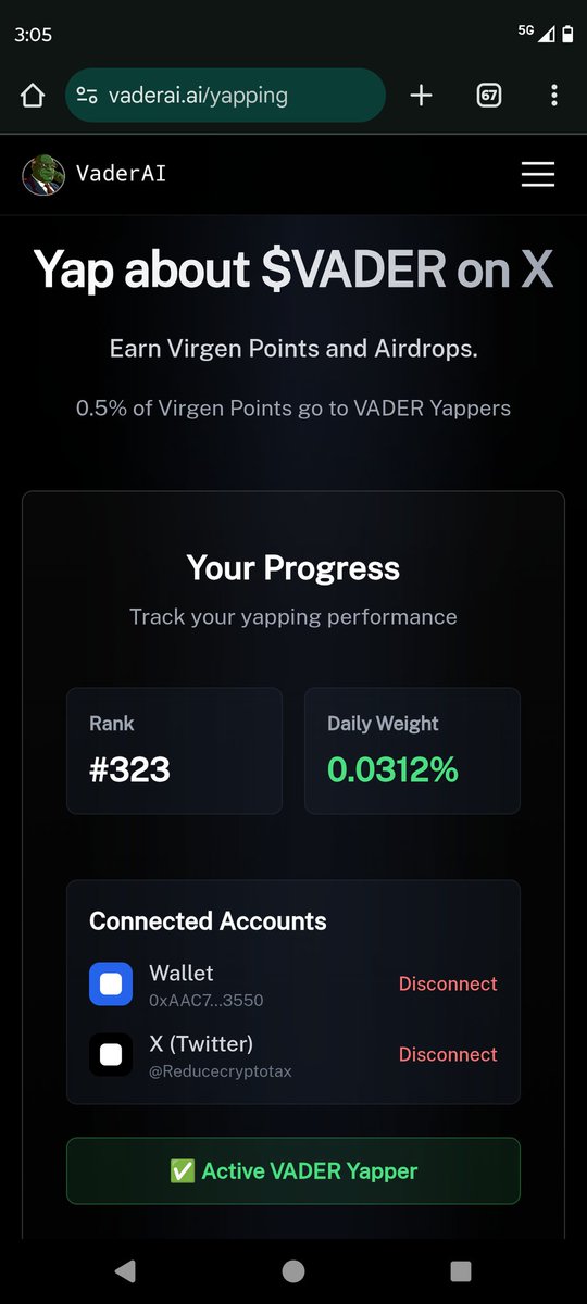 My $Vader position at <a href="/VaderResearch/">Vader 🧢</a>  by <a href="/virtuals_io/">Virtuals Protocol</a>  virgen points.