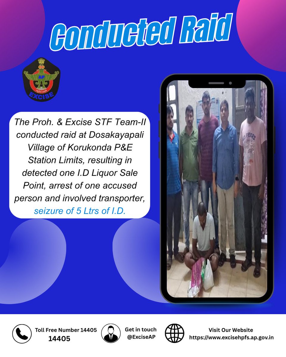 exciseAP's tweet image. 🚨 Proh. &amp;amp; Excise STF Team-II conducted a raid at Dosakayapali Village under Korukonda P&amp;amp;E Station limits.
🔸 5 ltrs of I.D. liquor seized
Action continues against illicit liquor networks. ⚖️
#ExciseEnforcement #Korukonda #IDLiquor #STF #AndhraPradesh #PublicSafety