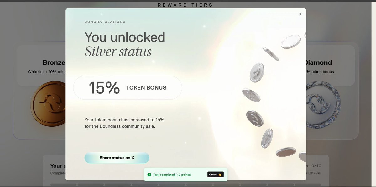 Ekuma042's tweet image. If you on @boundless_xyz do this asap, new silver task just dropped!
Post something original, get 25+ likes on X, and claim Silver rewards.
Already hit 25+? Verify here:
👉 signal.beboundless.xyz/rewards#tiers
⏳ Ends Aug 11, level up before the community sale!
Pls like and RT.