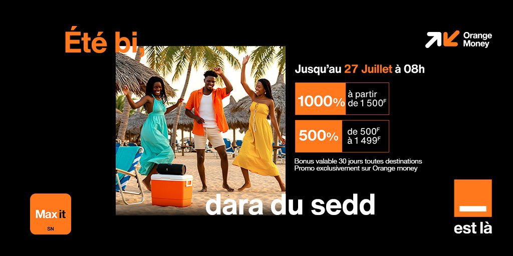 Yeen Bëgg leen rek !

Jusqu'au 27 Juillet à 08h, recharge ton crédit par Orange Money, pour bénéficier d'un bonus de 1000% à partir de 1 500 F et 500 % de 500 F à 1499 F.

Bonus valable 30 jours.

#Ibou