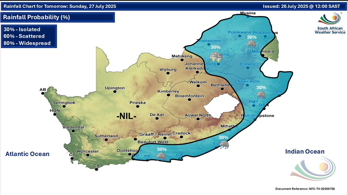 SAWeatherServic's tweet image. ⛈️Weather forecast for today & tomorrow, 26 - 27 July 2025.
Isolated to scattered showers & thundershowers are expected over the eastern & southern parts of the country, with possible damaging winds & waves along the east coast of RSA.
#saws #weatheroutlook