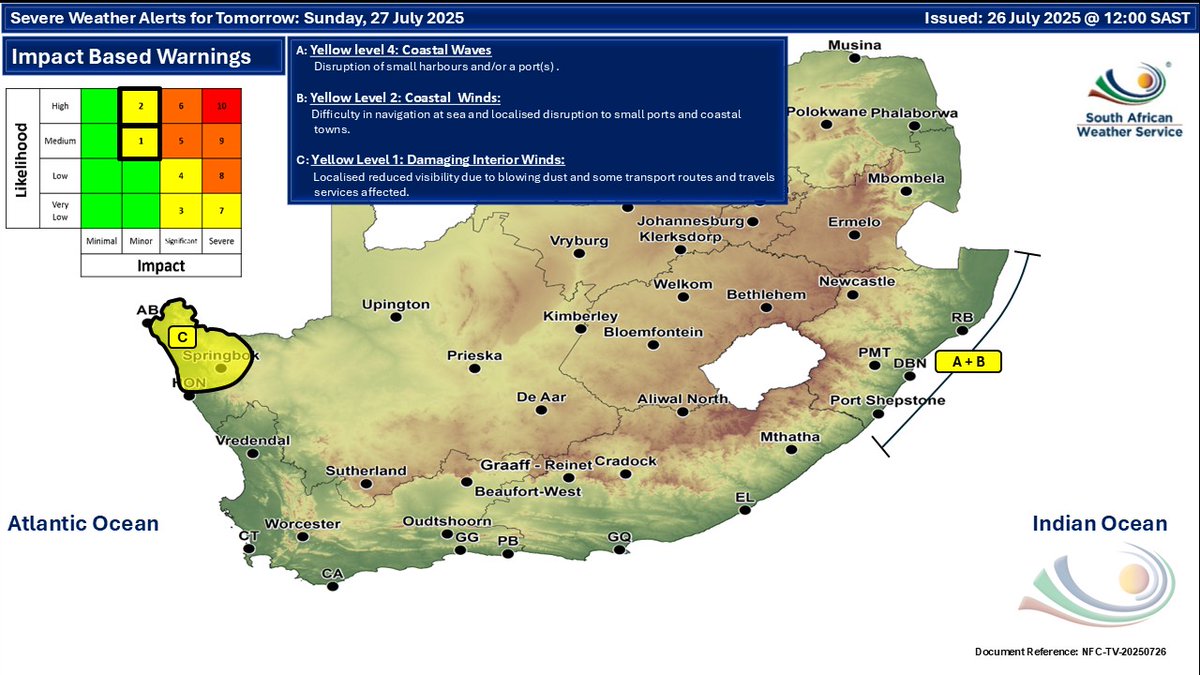 SAWeatherServic's tweet image. ⛈️Weather forecast for today & tomorrow, 26 - 27 July 2025.
Isolated to scattered showers & thundershowers are expected over the eastern & southern parts of the country, with possible damaging winds & waves along the east coast of RSA.
#saws #weatheroutlook