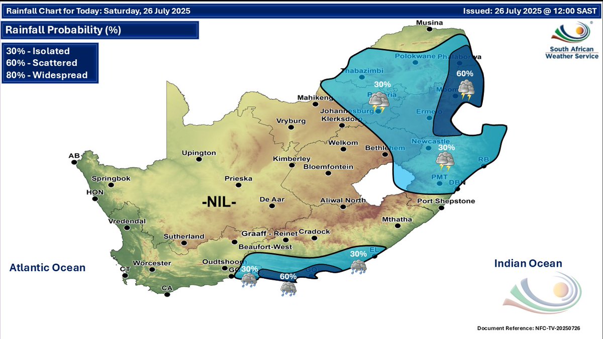 SAWeatherServic's tweet image. ⛈️Weather forecast for today & tomorrow, 26 - 27 July 2025.
Isolated to scattered showers & thundershowers are expected over the eastern & southern parts of the country, with possible damaging winds & waves along the east coast of RSA.
#saws #weatheroutlook