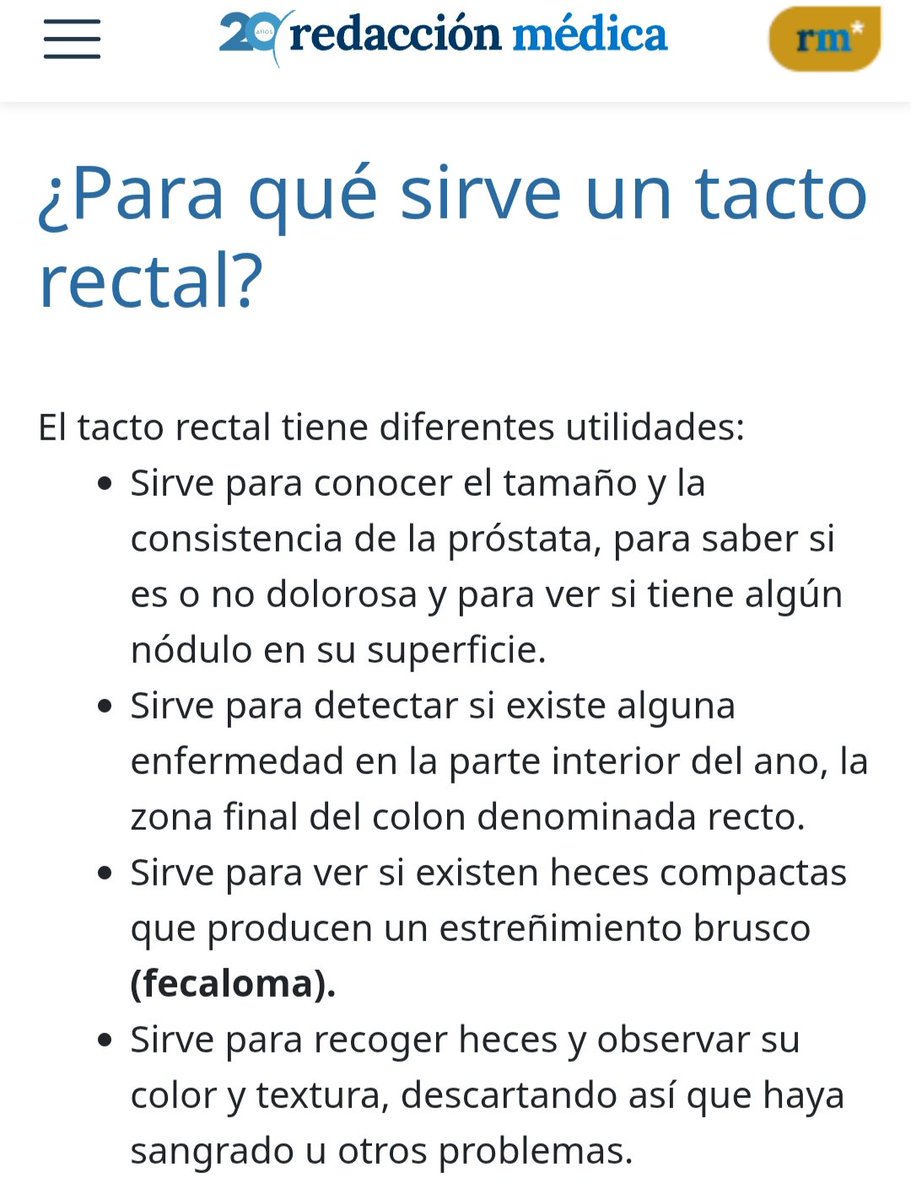 Me temo que el tacto rectal (TR) sí es necesario para los hombres de cierta edad cuando aparecen síntomas-. De momento no hay ninguna prueba que sea tan sensible como el dedo del urólogo/a. A pesar de la Inteligencia Artificial y esas cosas tan modernas.

redaccionmedica.com/recursos-salud…