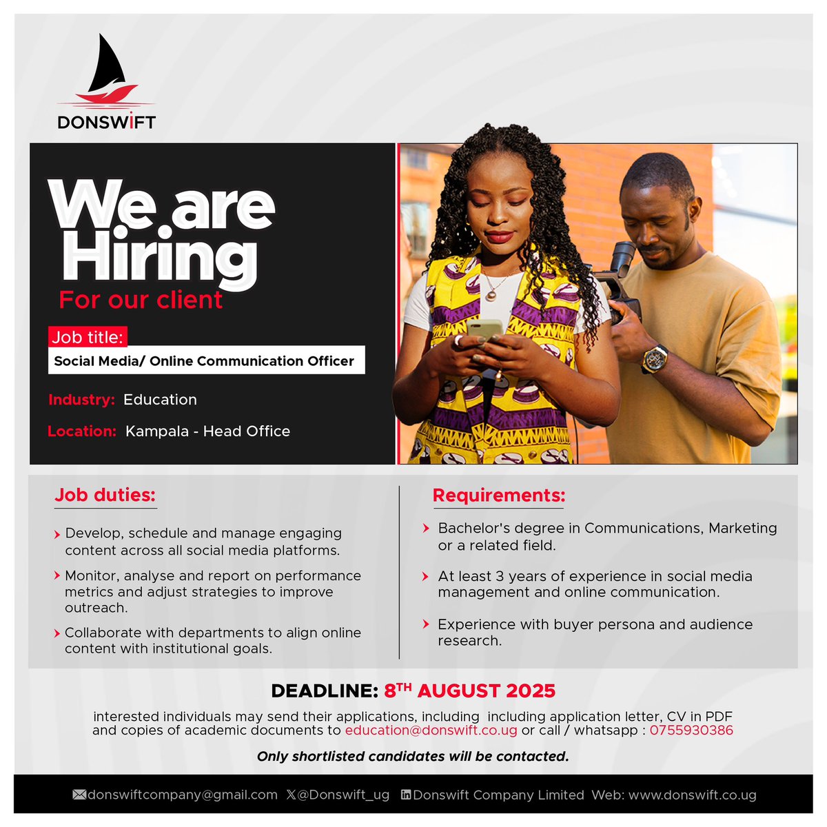 Donswift_ug's tweet image. 🚨 Job Alert!
Love digital storytelling and strategy? This one's for you!
Apply Now : education@donswift.co.ug
Deadline: 8th August 2025
For more info donswift.co.ug/jobs/we-are-hi…
#DigitalJobs